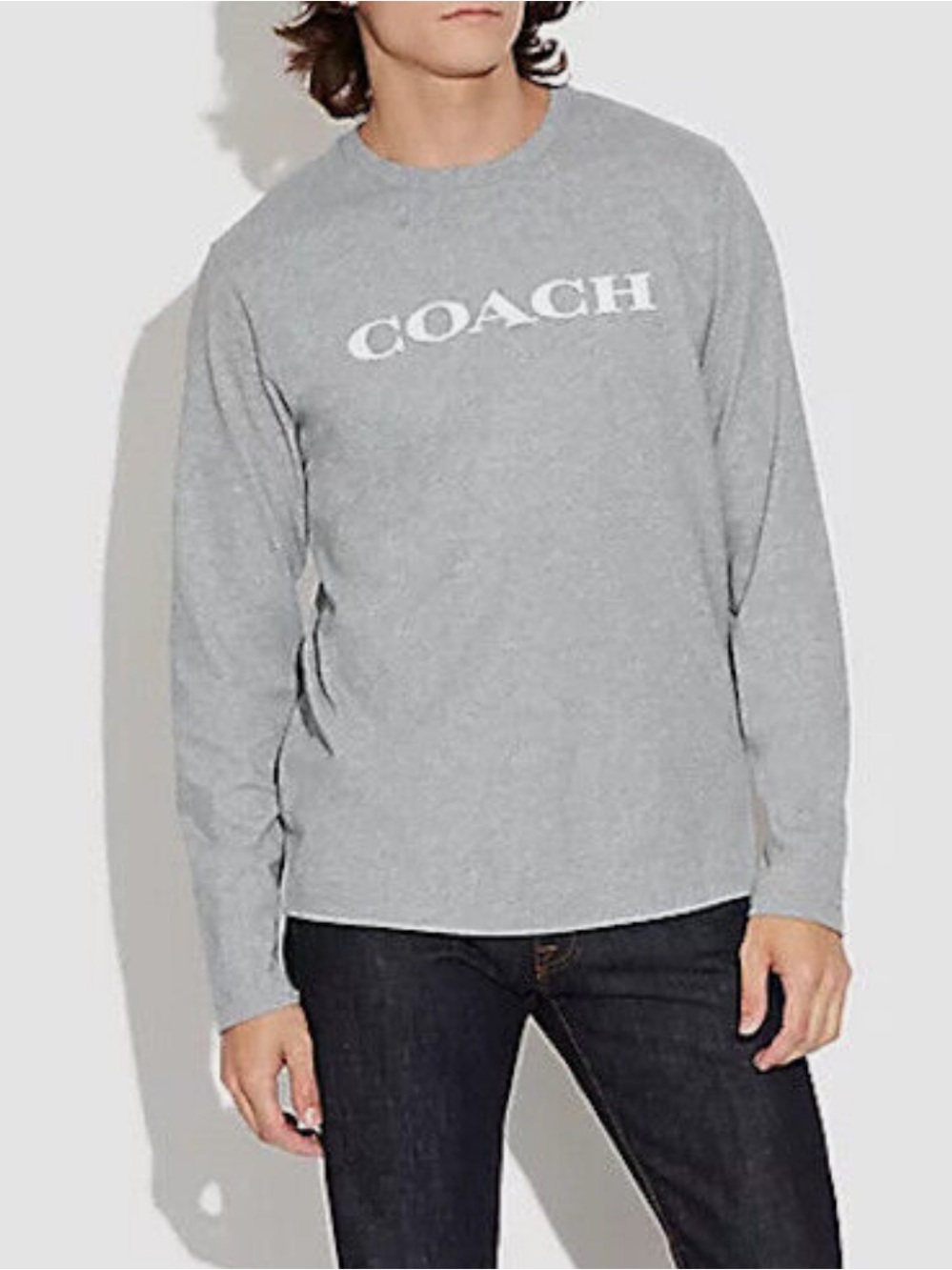 Coach Men's Light Grey Essential Long Sleeve Logo 100% Cotton T-Shirt Apparel